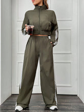 Contrast Side Seam Raglan Sleeve Crop Jacket & Wide Leg Pants